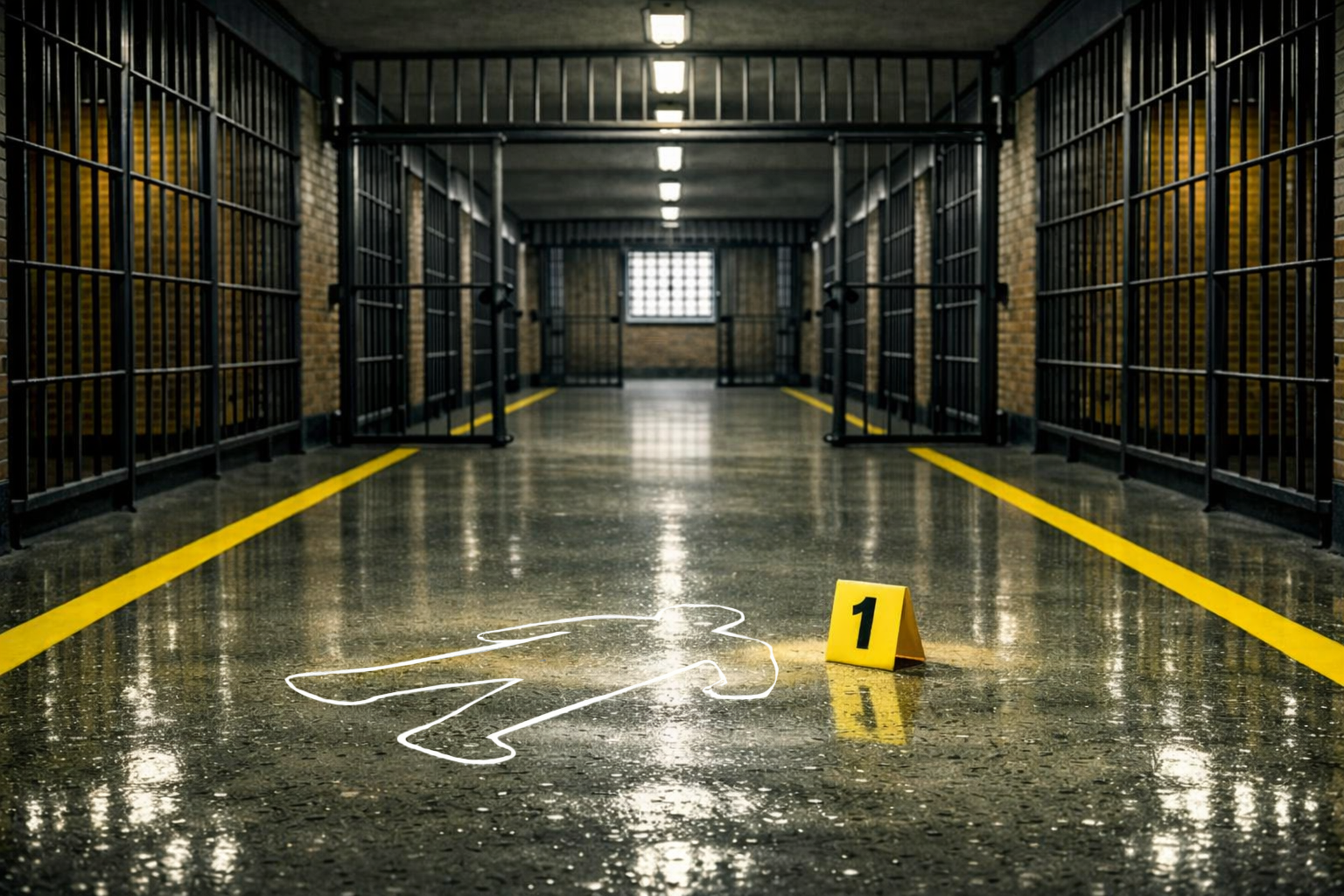 A prison corridor lined with barred cells, showing a chalk outline and an evidence marker on the concrete floor — a visual representation of the inmate‑to‑inmate violence that surged in Texas prisons after the Building Tender system was dismantled and gangs filled the resulting power vacuum.