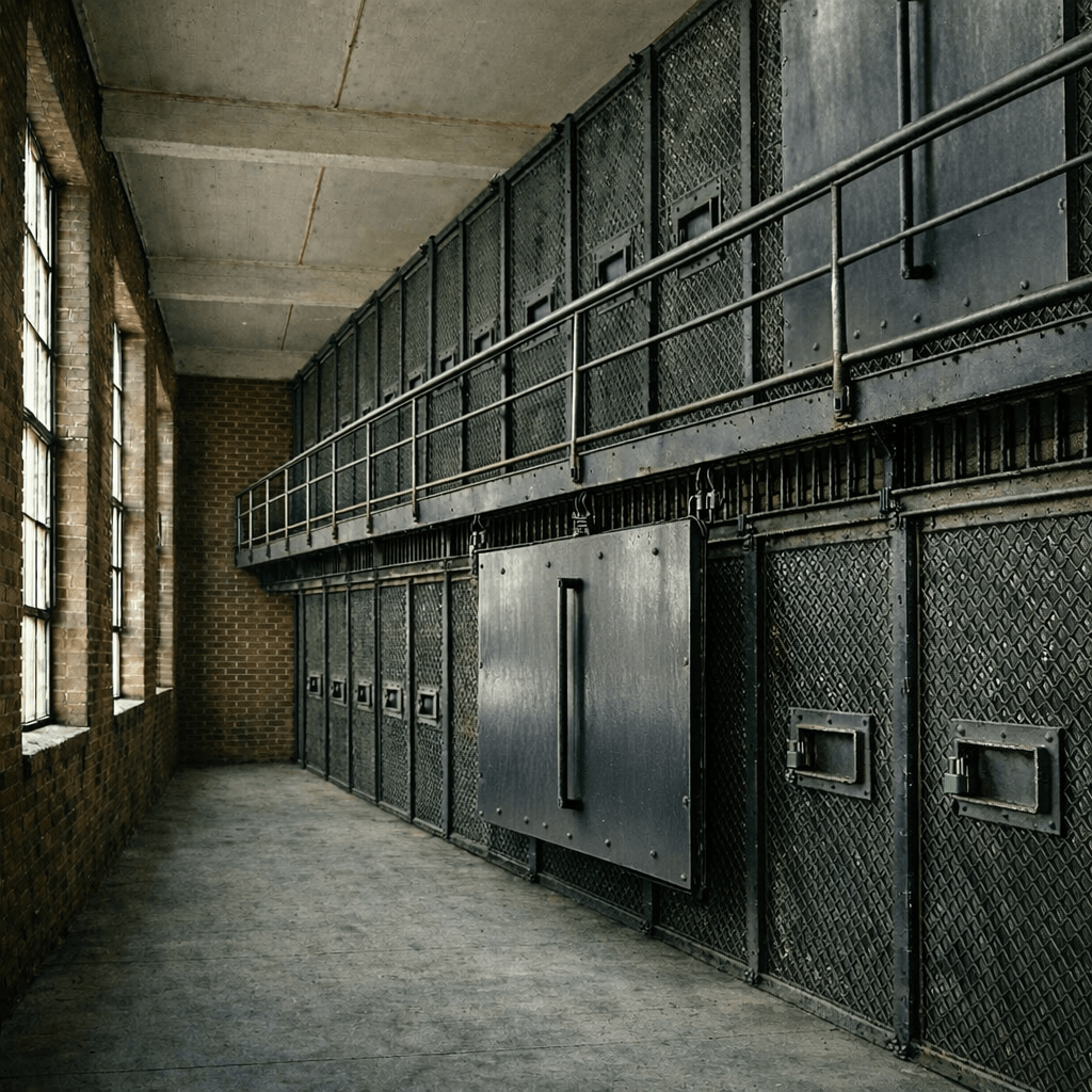 The prison Administrative Segregation corridor with two tiers of cells sealed behind the welded diamond grating and heavy escort shields that replaced the Plexiglas cell front coverage to prevent escorted inmates and officers form being stabbed or from having hot liquids, and humane waste thrown upon them. A metal walkway lines the upper level, and tall windows cast narrow beams of light across the dark brick walls and concrete floor.