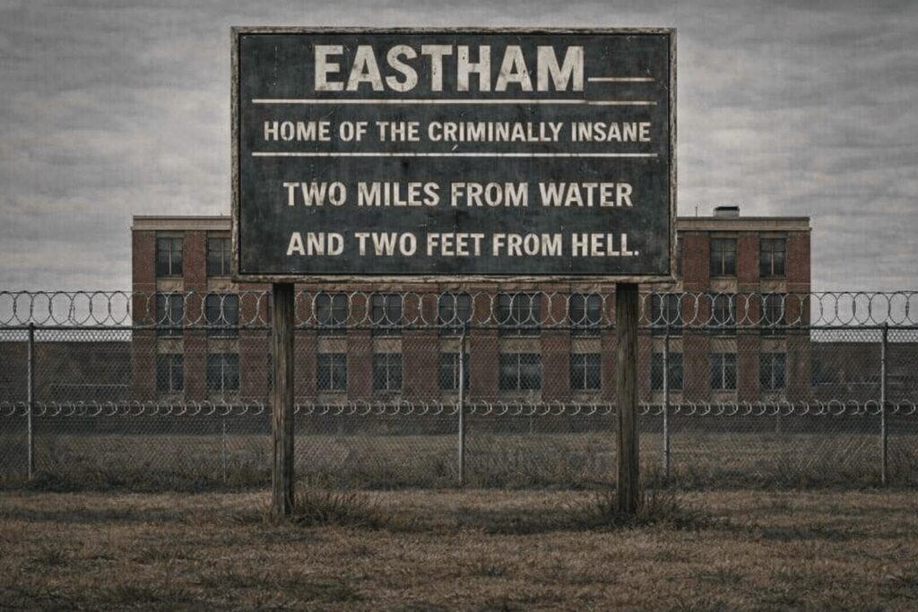 Eastham sign and institution — A weathered sign reading “EASTHAM – HOME OF THE CRIMINALLY INSANE – TWO MILES FROM WATER AND TWO FEET FROM HELL” stands before a three‑story brick building and a tall, barbed‑wire fence under an overcast sky.