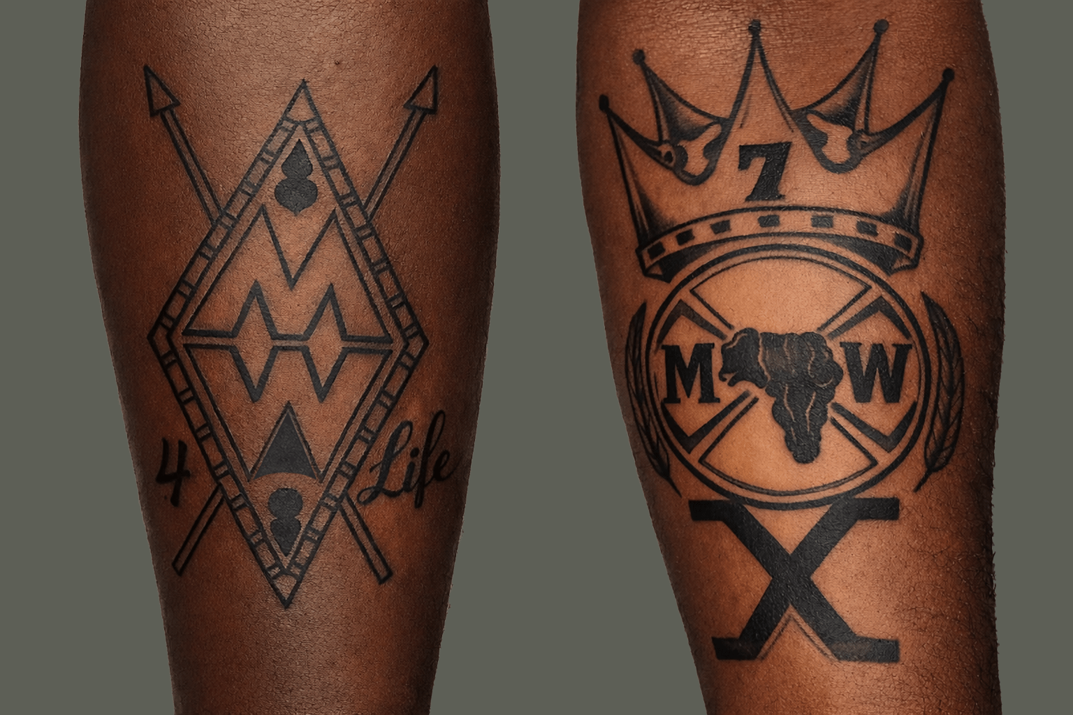 A side-by-side view of two black ink tattoos on arms representing the Mandingo Warriors prison gang. The left tattoo features a large double-diamond shape enclosing interlocking letters 