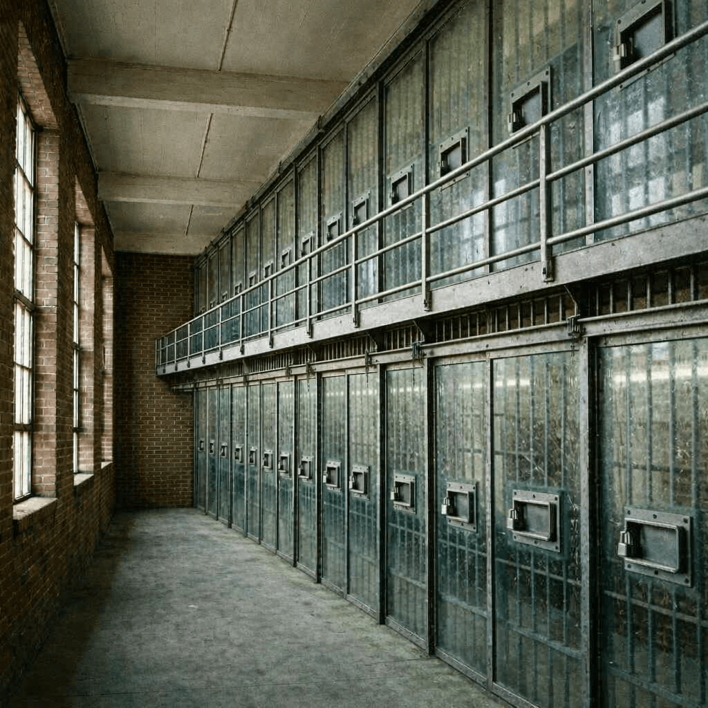 A prison Administrative Segregation corridor with two tiers of barred cells completely sealed behind sheets of Plexiglas. A metal walkway runs along the upper level, and tall windows cast narrow beams of light into the otherwise stagnant, air‑starved space.