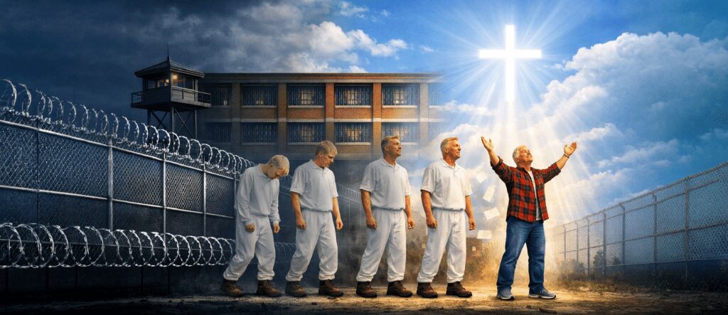 Four stages of a man’s transformation from prison darkness to divine light over 35 years, 10 months, and 7 days — a young inmate in a white Texas State Prison uniform progressing to a free 54 year old man in a plaid shirt, arms raised in thankfulness to God beneath a brilliantly radiant cross shining in the sky as he steps into freedom.