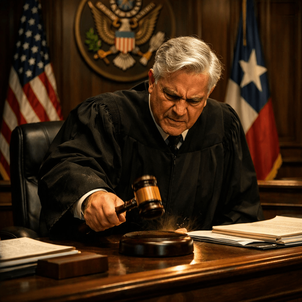 A United States District Judge in a federal courtroom, leaning forward and slamming his gavel down with visible disgust and determination. Behind him are the U.S. and Texas flags and the national seal, symbolizing the authority of the federal judiciary. The image represents the moral force and outrage behind the 1980 Ruiz v. Estelle ruling that condemned unconstitutional prison conditions in Texas.