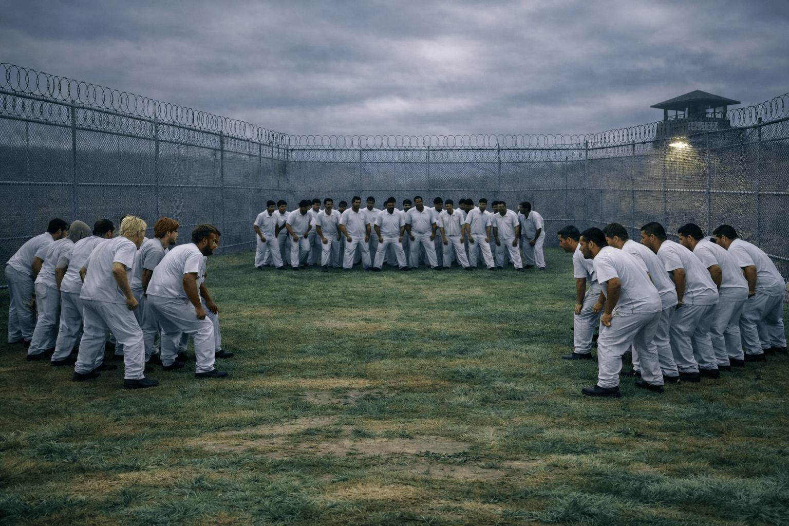 A tense standoff in preparatory to rioting in a Texas prison yard during the early to-mid 1980s gang wars. Prisoners in white TDC uniforms stand grouped in opposing gangs inside a fenced topped with razor wire enclosure under a dim, overcast sky, with a guard tower looming in the background.