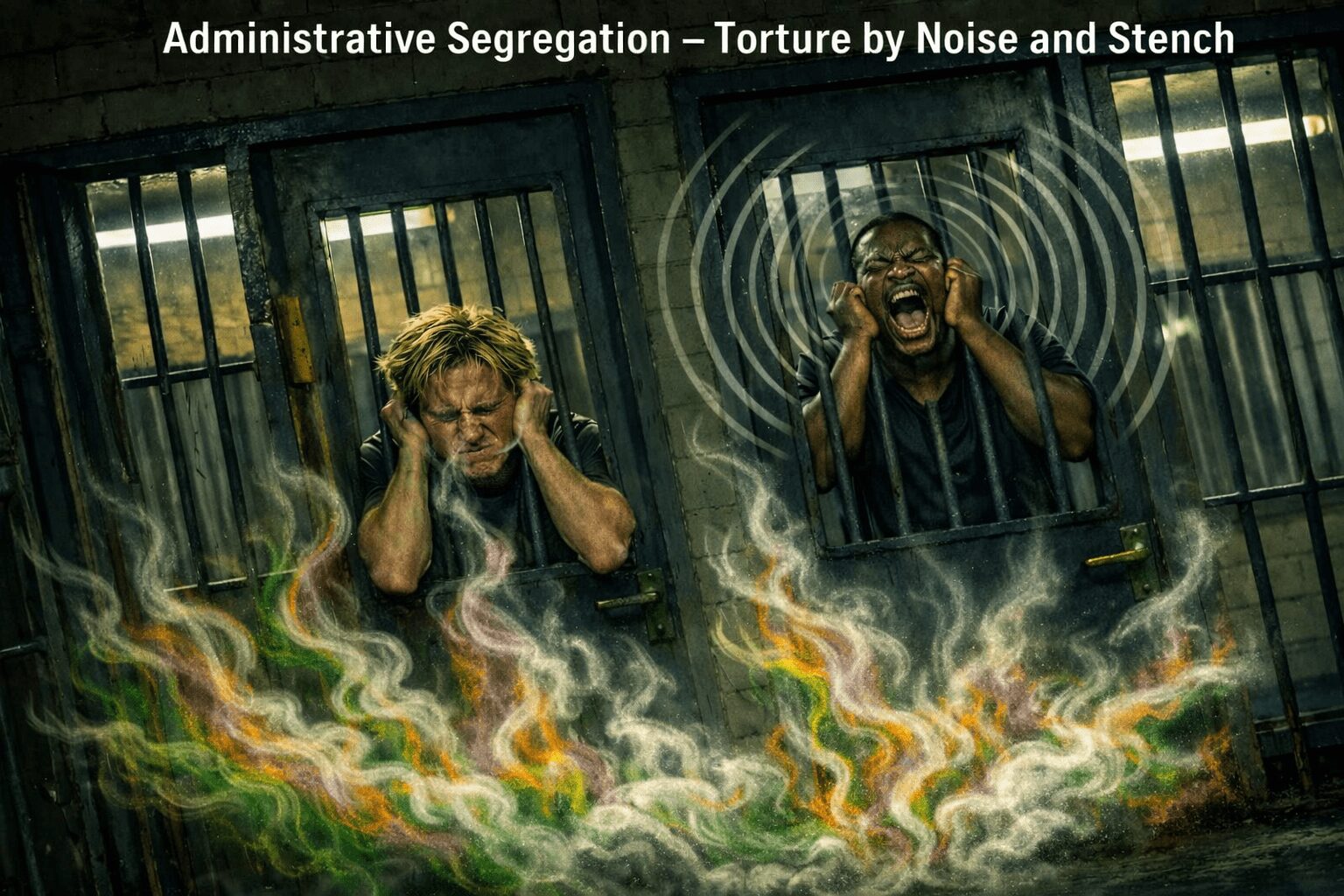 Two prisoners in side-by-side administrative segregation cells. In the left cell, a blonde man in his mid twenties grimaces in emotional and physical torment as thick white urine and feces vapors rise from the floor and funnel into his nostrils. The other man issues thunderous and continuous screams, sound waves radiating from his head. The caption above reads “Administrative Segregation – Torture by Noise and Stench.”