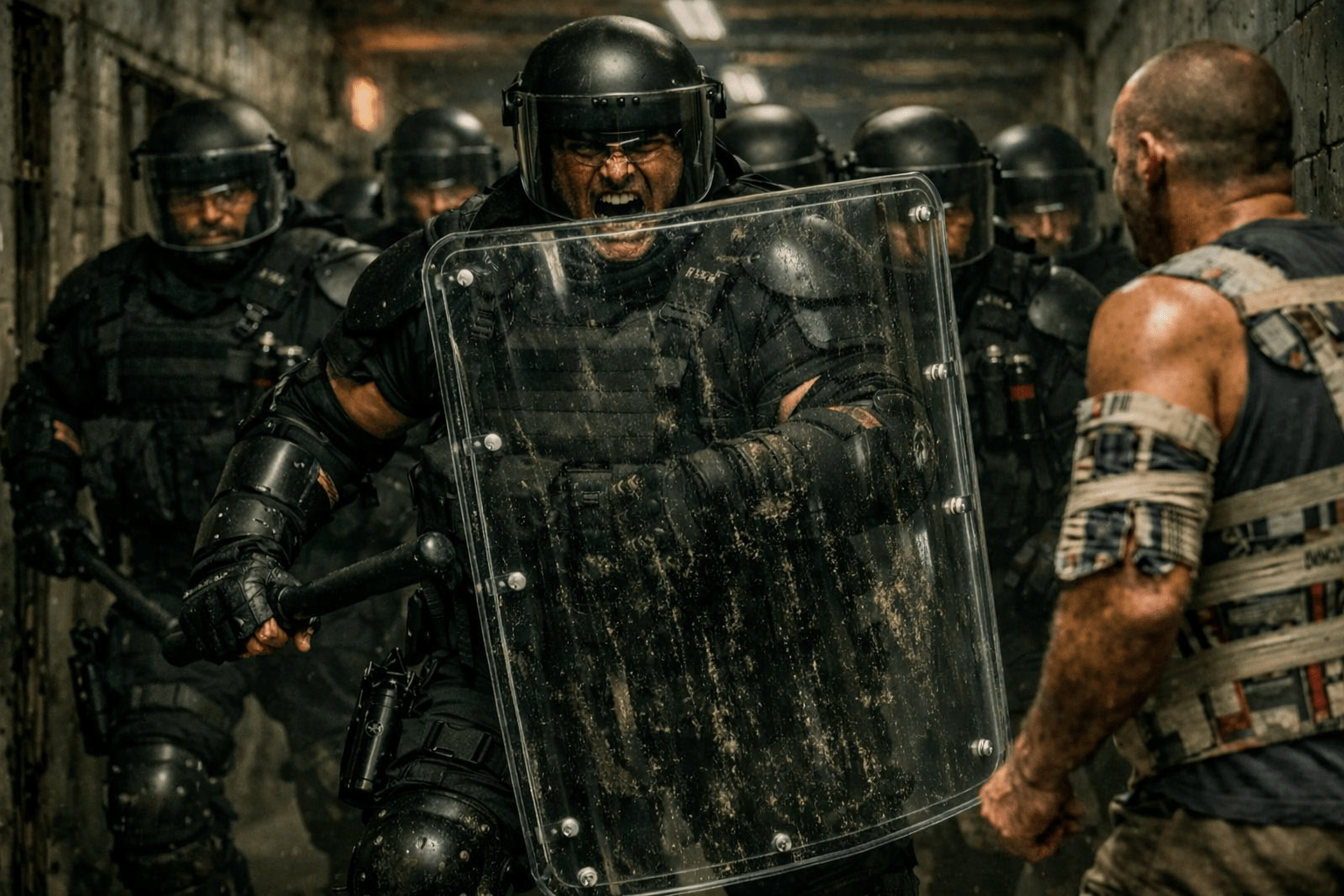 SORT officer mid‑charge with oversized plexiglass shield confronting inmate in Texas prison corridor, supported by armored team behind him.