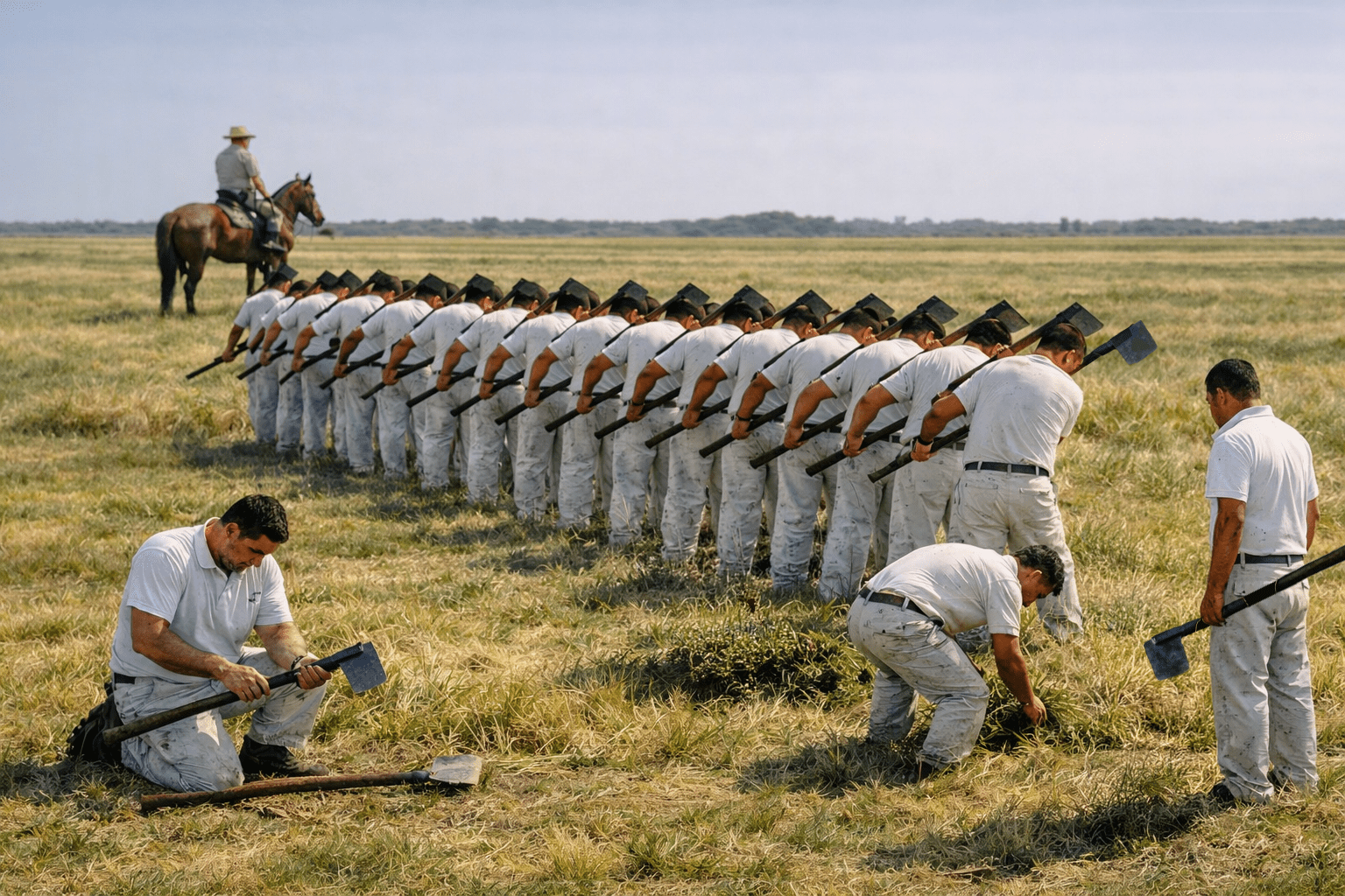 A tightly packed line of inmates in white TDC uniforms mow (Flat-weed) ankle high pasture grass on a 3-count cadence with heavy garden hoes under the mid afternoon sun, their bodies pressed close in a synchronized sideways stance as a mounted field officer looks into the distance for the Field Captains approval of his straight Flat-weed line. The other three inmates are the two Strikers and a single File boy.
