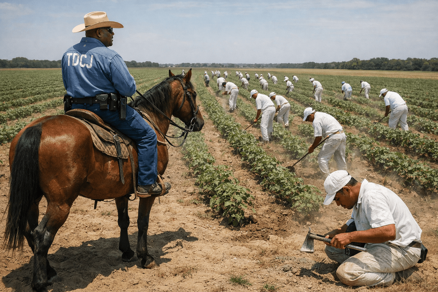 African‑American TDCJ correctional officer on horseback overseeing inmates hoeing cotton rows under the noon sun in a Texas field.