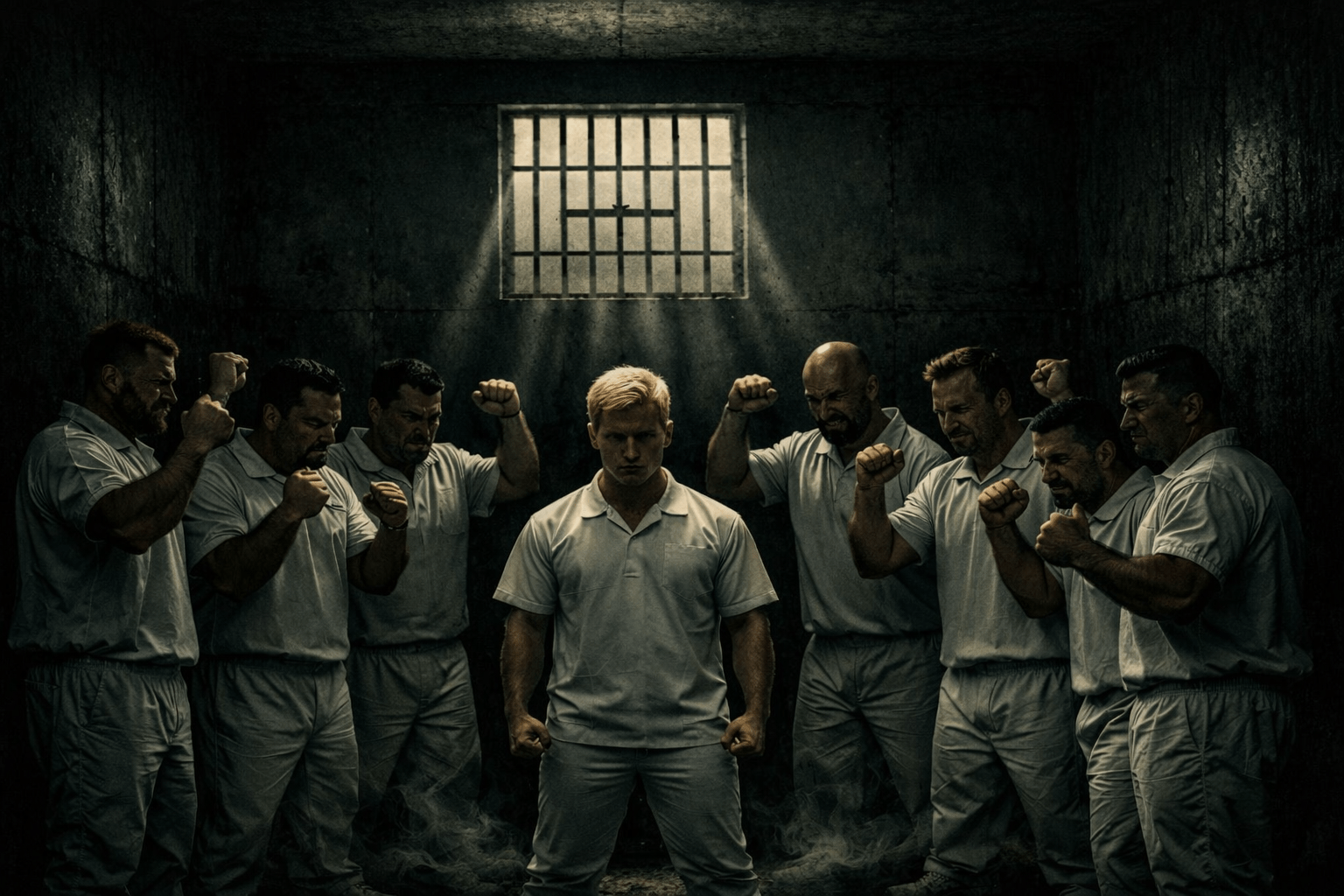 A young blond man in a white prison uniform stands under a beam of light in a dark concrete cell, surrounded by seven inmates in white uniforms with raised fists. The men form an open horseshoe around him, their expressions hostile and threatening, while he stands firm with clenched fists, illuminated by the light from a barred window above.