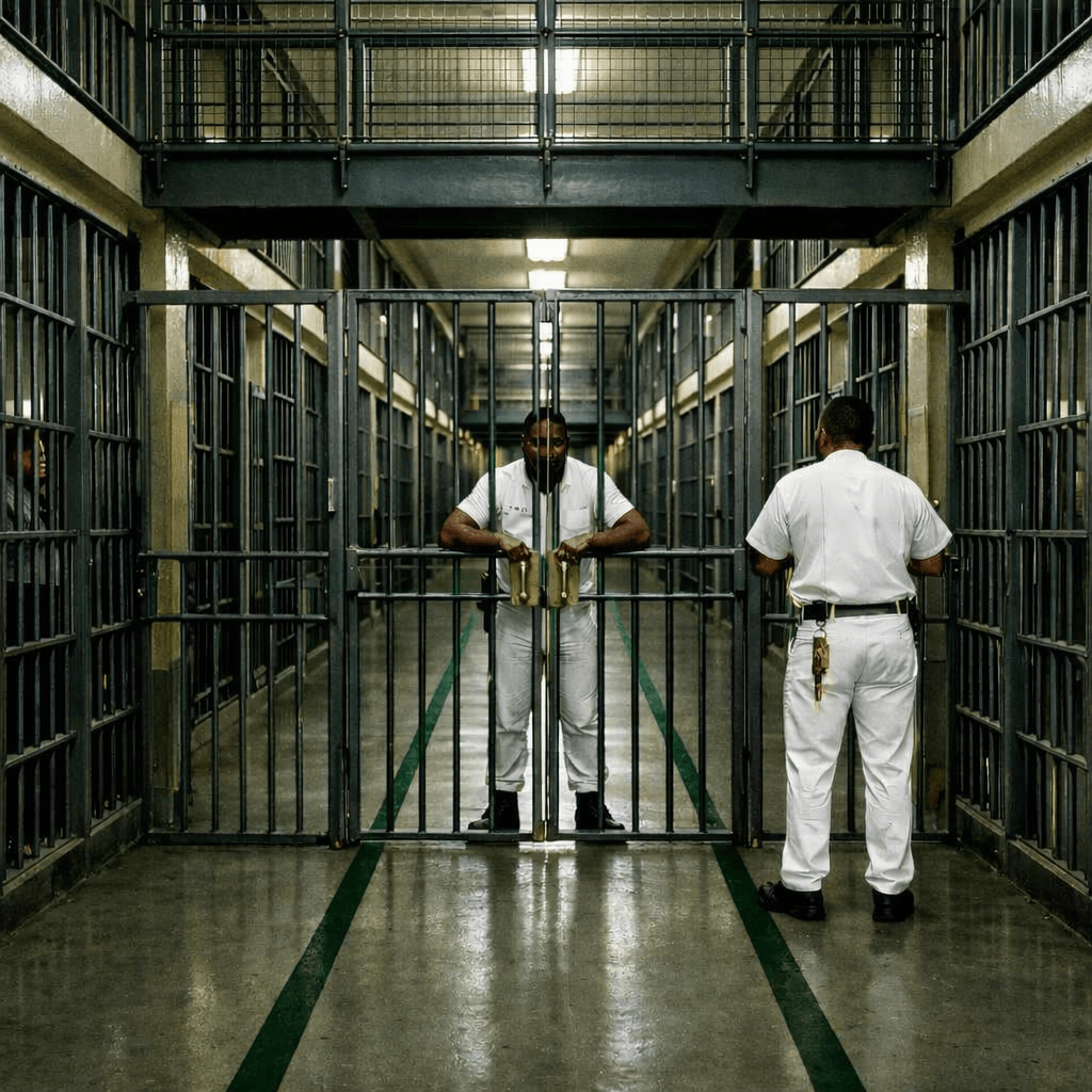 A TurnKey in Texas Prison White Uniforms leans on the barred riot gate with his back to the viewer, while another TurnKey on the far side faces forward through the closed gate. The hallway is lined with bars and an overhead 