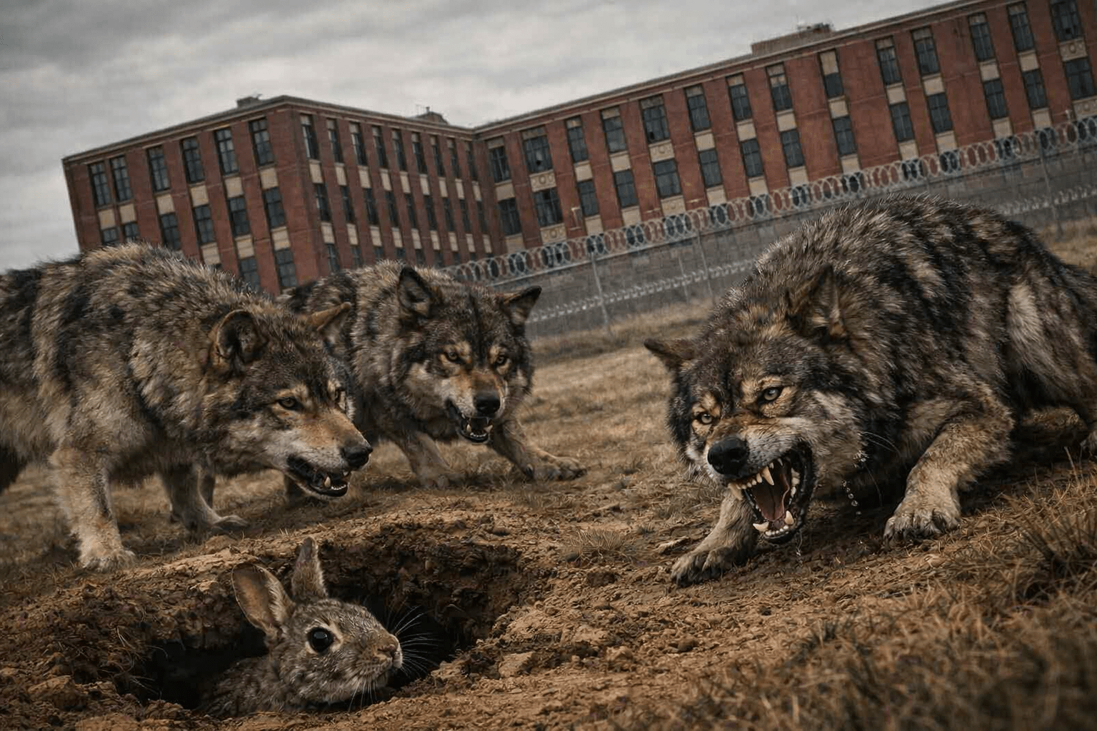 Three wolves surround a rabbit emerging from its burrow in front of a red brick prison, symbolizing the relentless threat of violence and fear that defines survival by instinct.