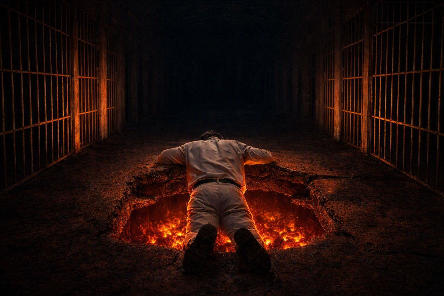 A man inside a dark, rusted cell corridor in a Texas prison white uniform is stretched stomach‑down over a jagged hole in the rock floor, held only by his shoulders, arms, elbows, and feet from falling into a glowing pit of molten fire. His body is illuminated by the fiery light as shadows stretch into the darkness — representing that when you think you have hit rock bottom, there are levels below.